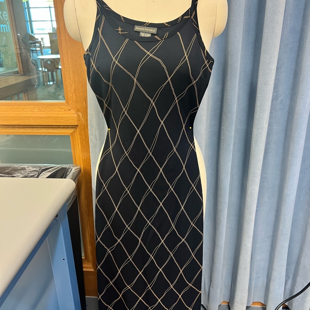 Banana Republic Vintage circa 1997 Elegant Navy and Gold Women's Dress